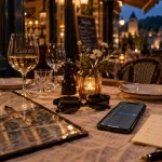 Restaurants Cahors Lot : table en bois et carte de restaurant en ville